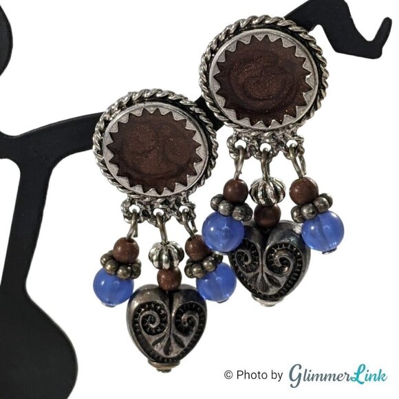 Vintage Oops A Daisy Brown Enamel Blue Beads Ornate Heart Tribal Southwestern St - Picture 4 of 10